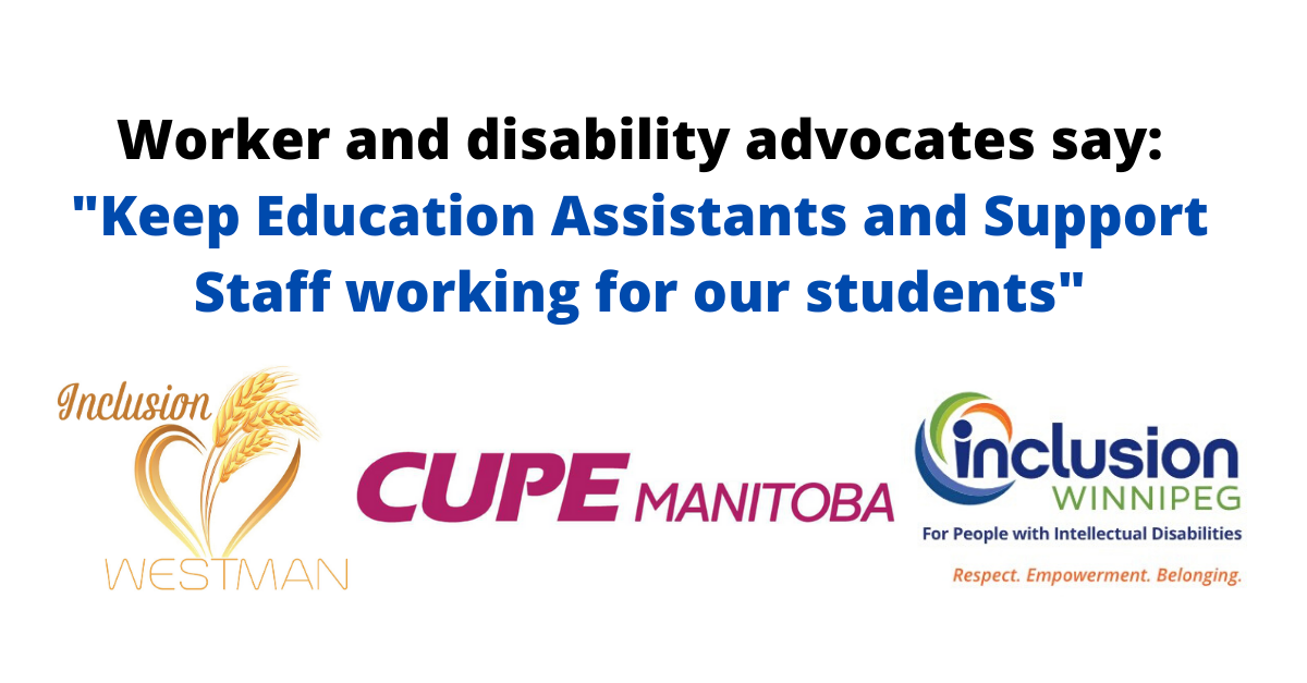 "Joint Statement: CUPE Manitoba, Inclusion Winnipeg, Inclusion Westman, Children’s Coalition: Keep Education Assistants and Support Staff working for our children" thumbnail
