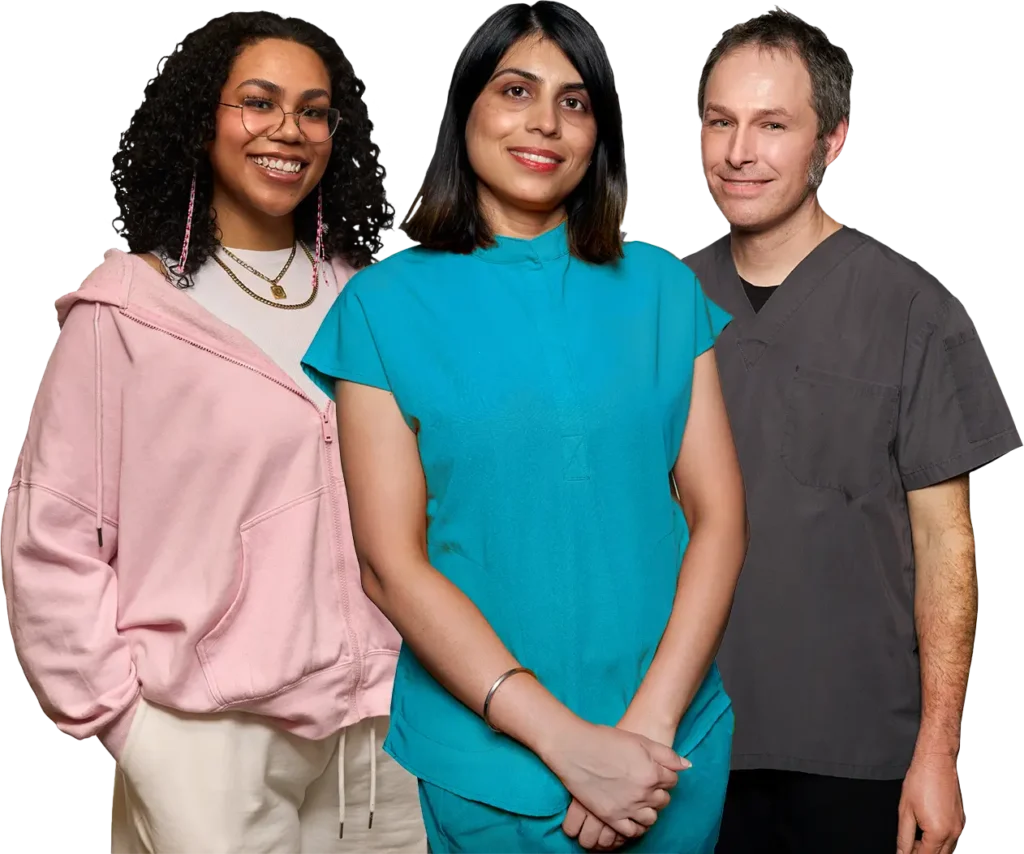 Three people of varying ethnicities used in the homepage hero section