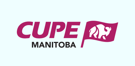 CUPE Manitoba pink logo on light blue-green background